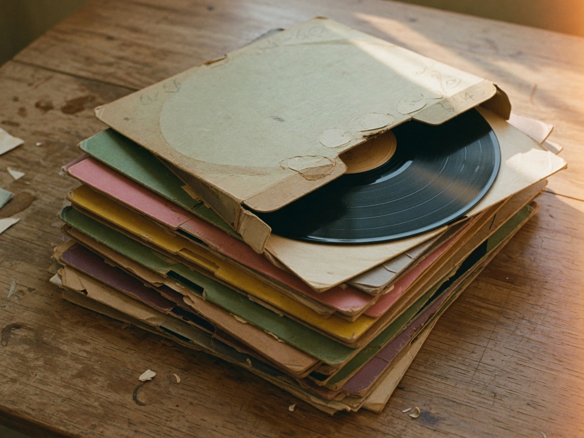 Hromada vinylových obalů na stole